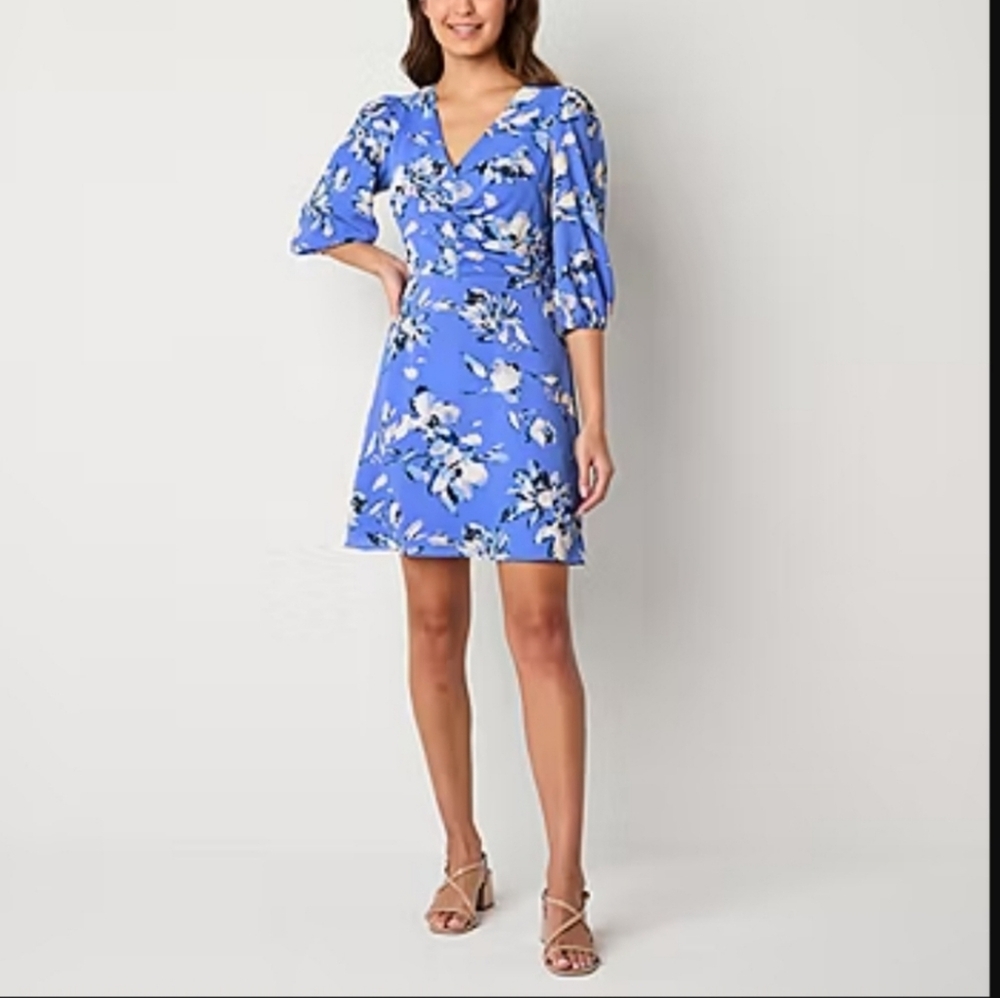 JH Womens 3/4 Sleeve Blue Floral Fit & Flare Dress Size 14 NWT‎